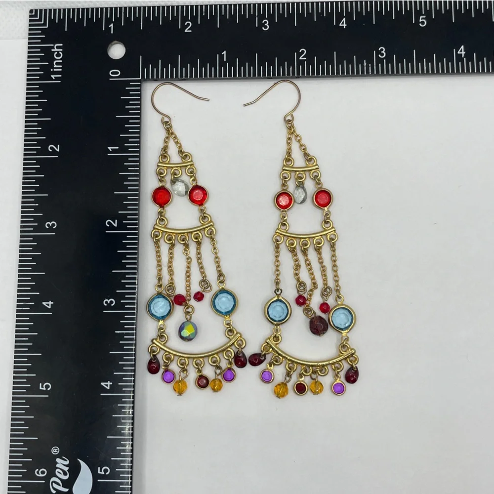 Boho Glam Gold Tone Chandelier‎ w/ Jewel Toned Glass Gems